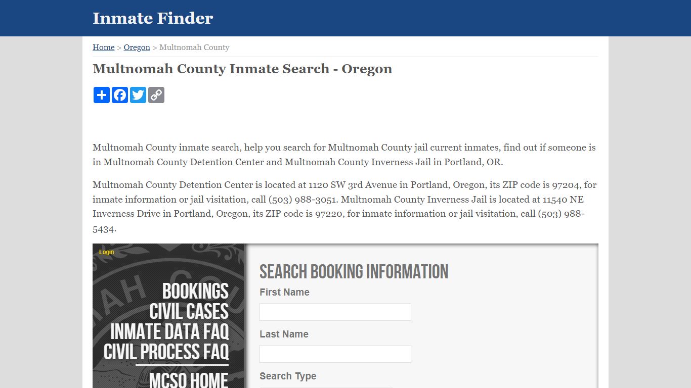 Multnomah County Inmate Search - Oregon